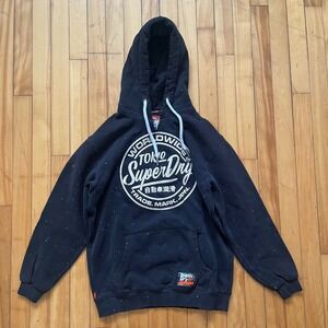 Superdry Tokyo Worldwide Hoodie Black Speckled Print Pullover Sweatshirt Size S